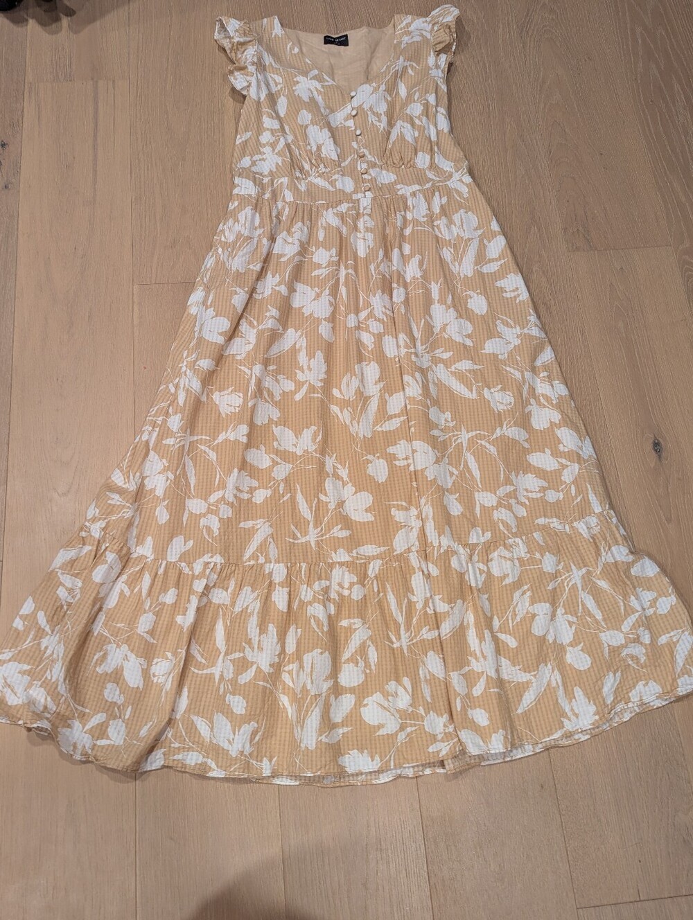 Tan Floral Maxi Dress with White Print